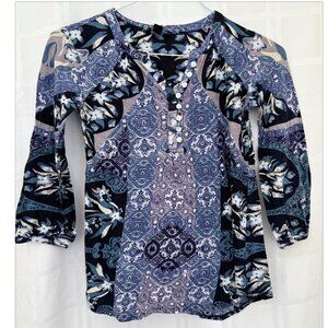 Lucky Brand Floral Print Peasant Top Henley Blouse Tee 3/4 Sleeve Sz XS Blue